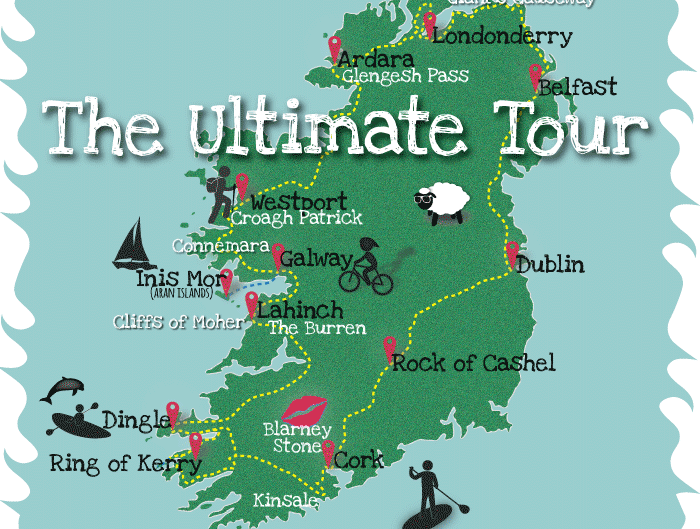 A map of Ireland showing main tourist attraction places.